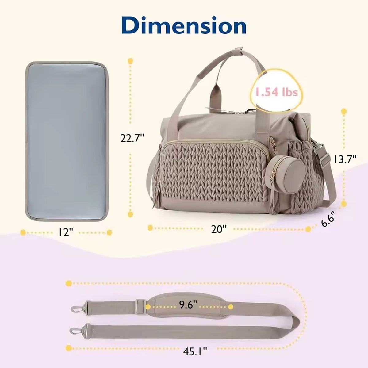 Quilted Diaper Bag Tote with Changing Pad and Insulated Bottle Pockets