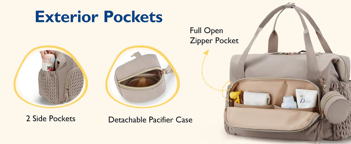 Quilted Diaper Bag Tote with Changing Pad and Insulated Bottle Pockets