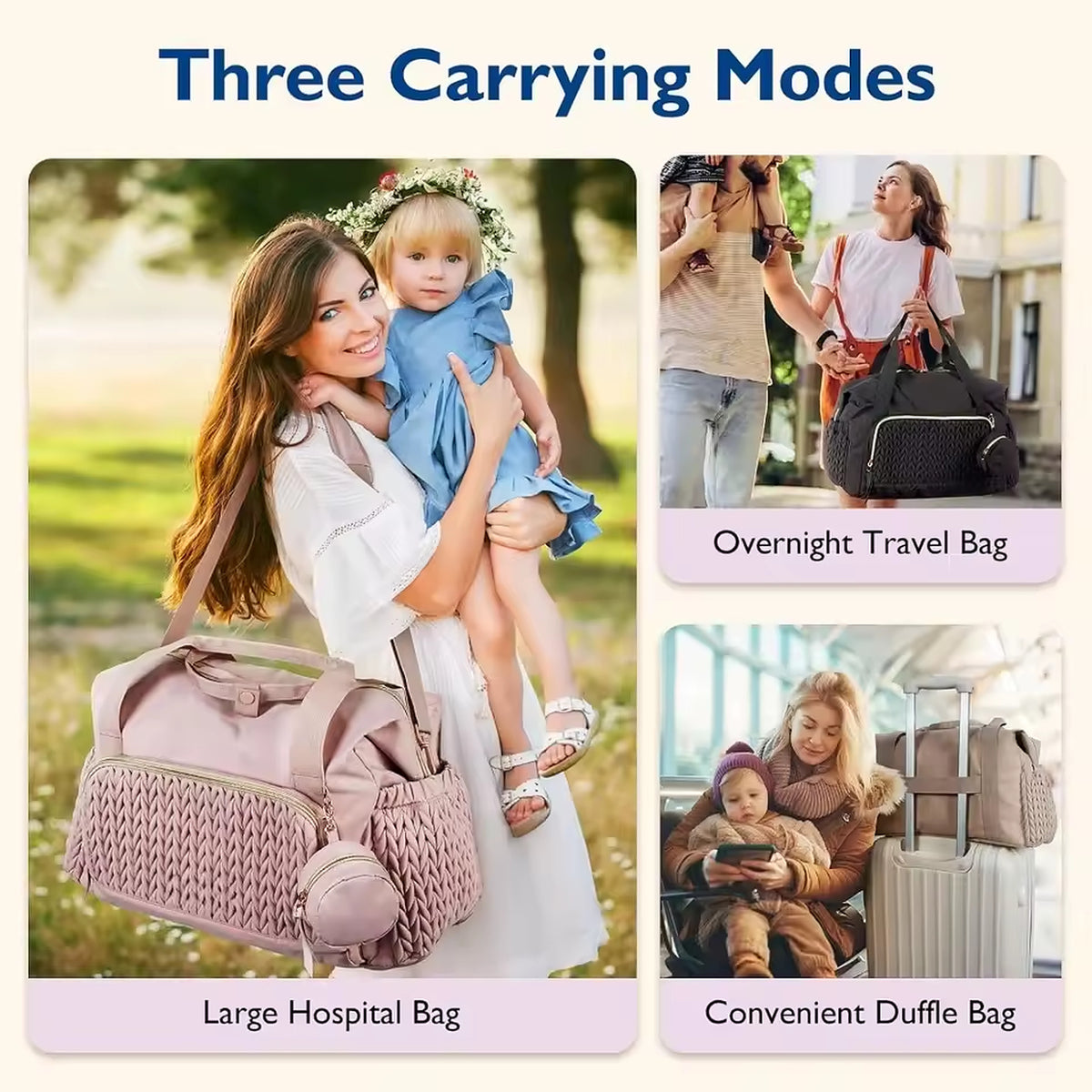Quilted Diaper Bag Tote with Changing Pad and Insulated Bottle Pockets