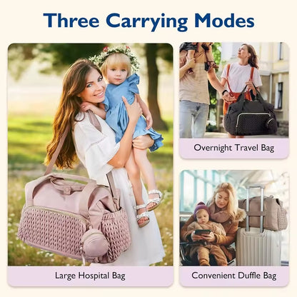 Quilted Diaper Bag Tote with Changing Pad and Insulated Bottle Pockets