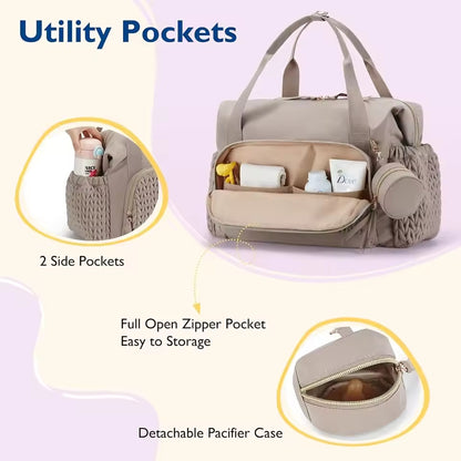 Quilted Diaper Bag Tote with Changing Pad and Insulated Bottle Pockets