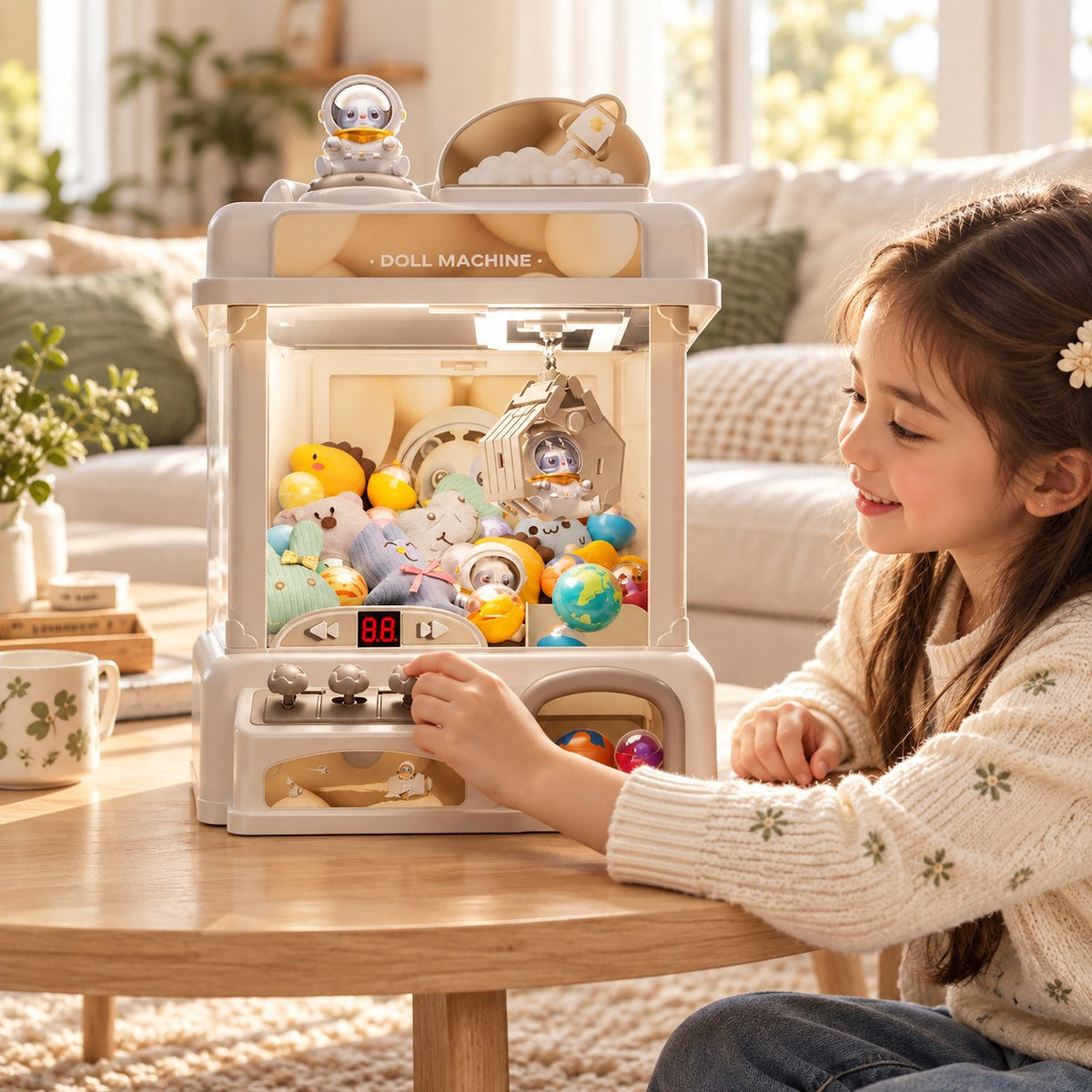 Child playing with the cordless mini claw machine on a coffee table