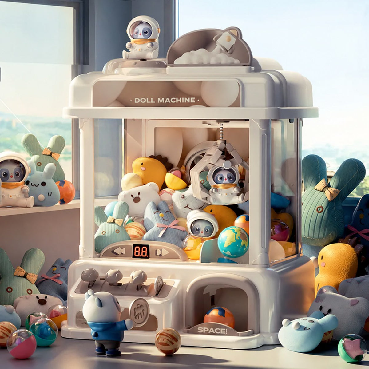 Mini claw machine by a window with plush toys