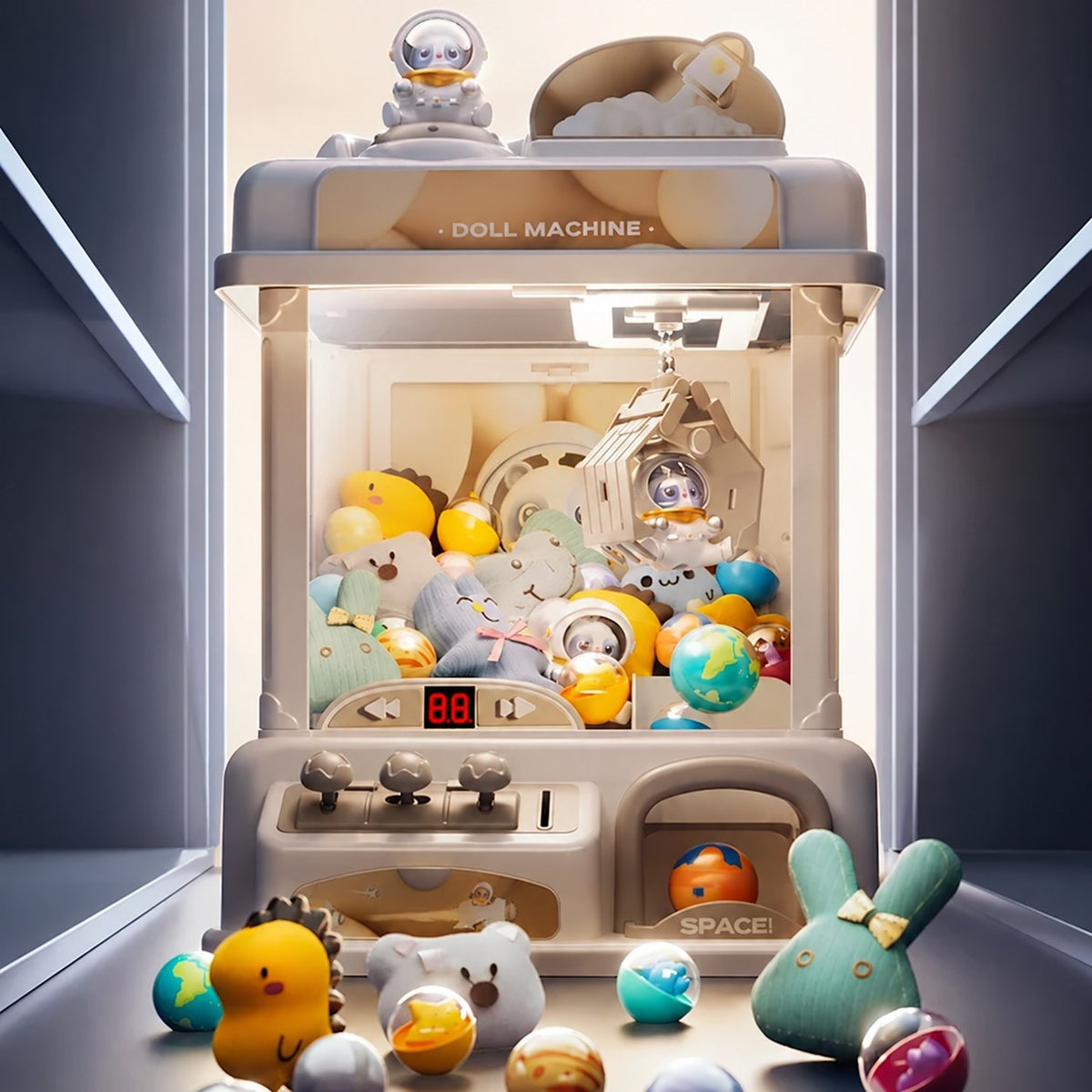 Front view of mini claw machine with toys