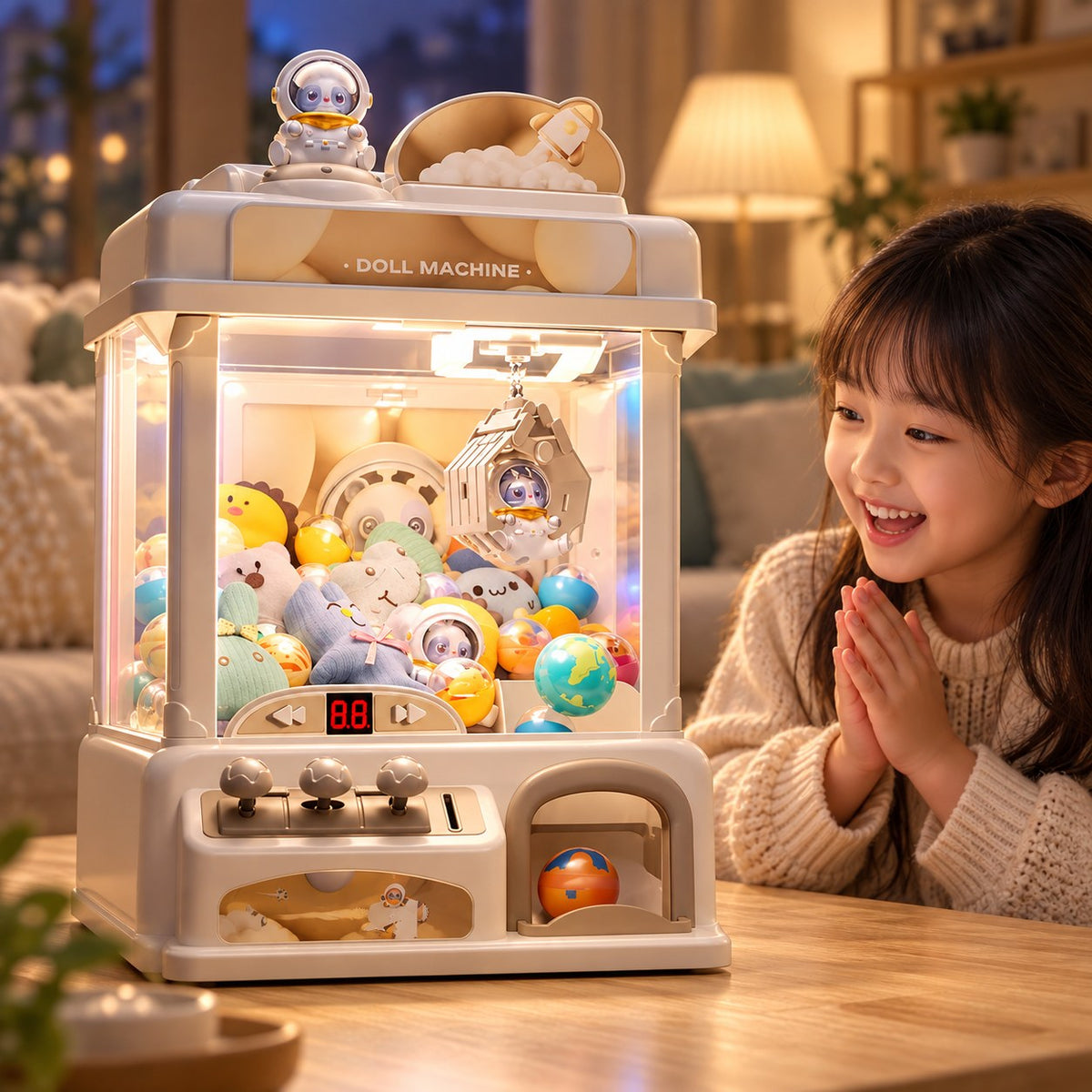 Child celebrating a prize grab beside the illuminated mini claw machine