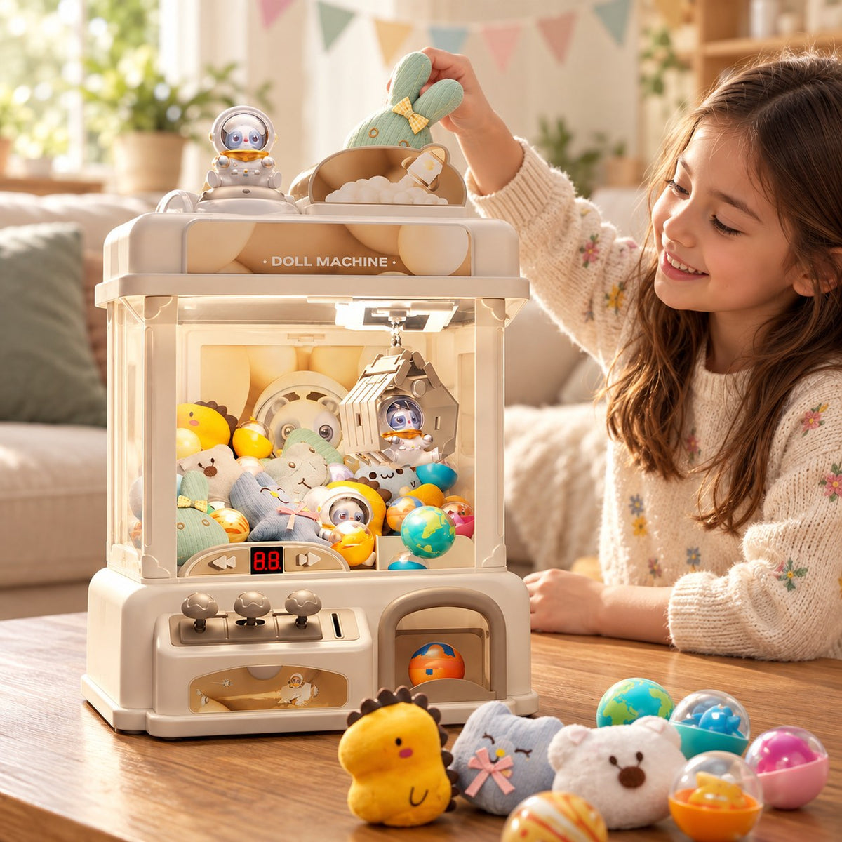 Child returning a plush prize to the mini claw machine for another round