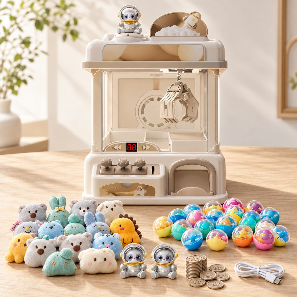 Mini claw machine with plush animals, prize balls, space bears, play coins and USB cable